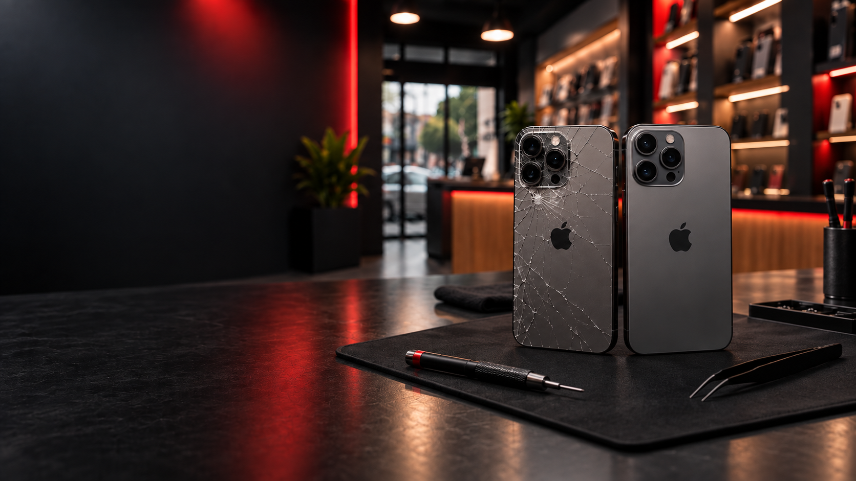 Dois smartphones em bancada técnica da The Doctor Cell, um quebrado e outro reparado.